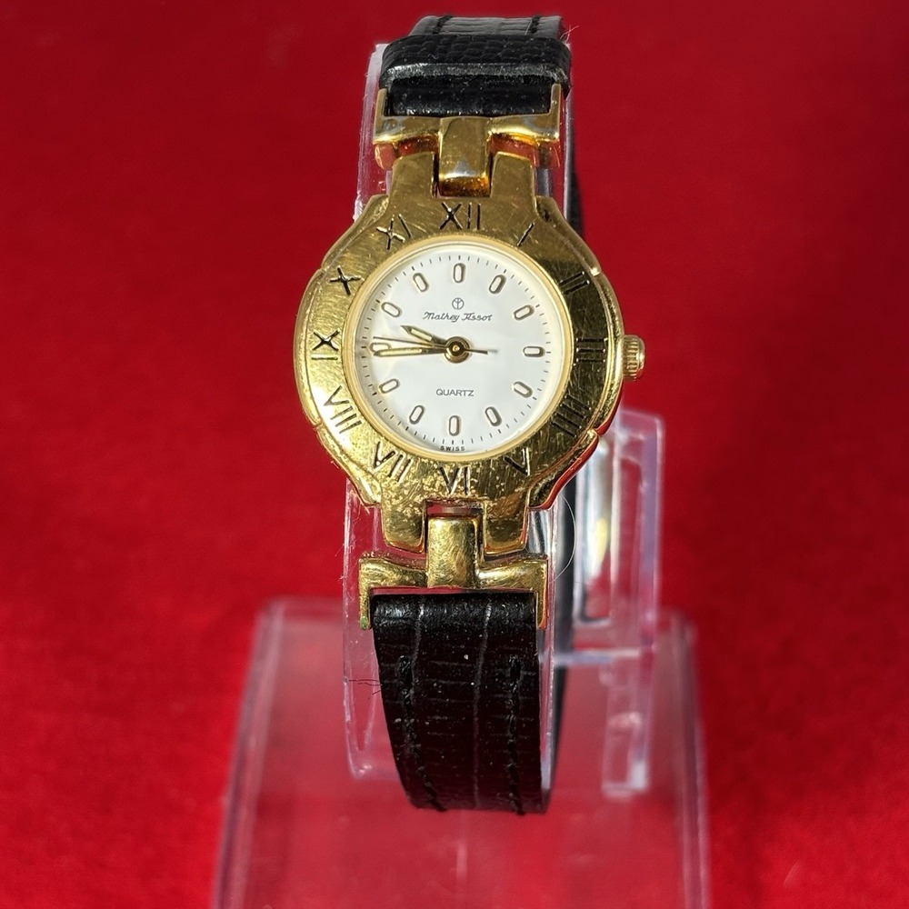 Mathey-Tissot Gold‎ Tone Ladies Watch Black Leather Strap New Battery